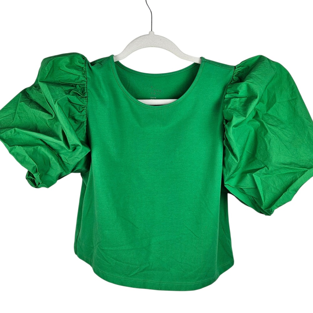 A New Day Women's‎ Puff Sleeve Top Green Medium Cotton Blend Trendy Blouse